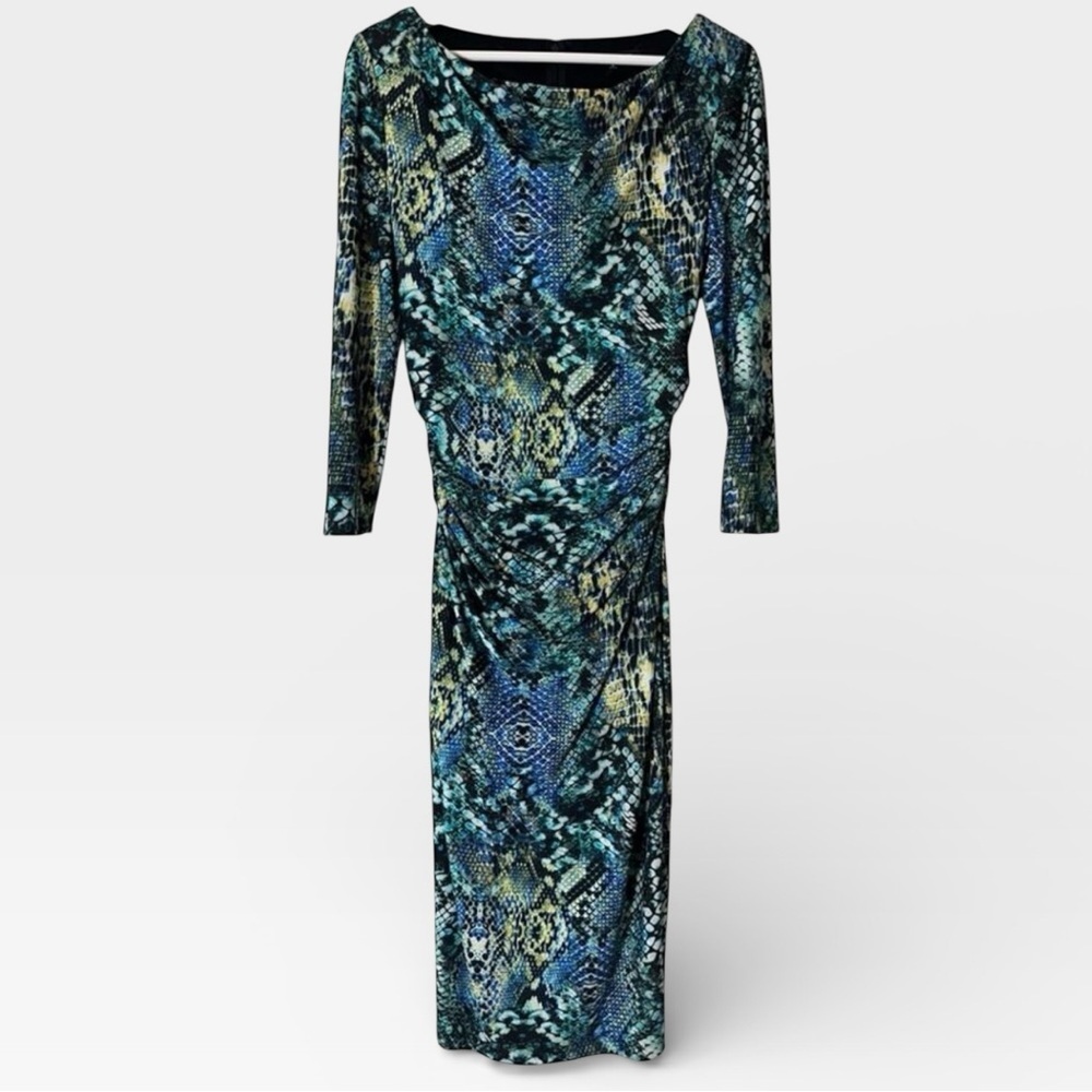 David Meister Midi Blue Green Yellow Snake Print Cowl Neck Long Sleeve Dress 4